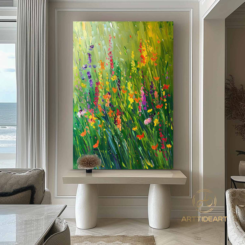 Original Green Flower Oil Textured Painting on Canvas Abstract Floral Wall Art Boho Wall Art Green Floral Painting Living Room Wall Decor