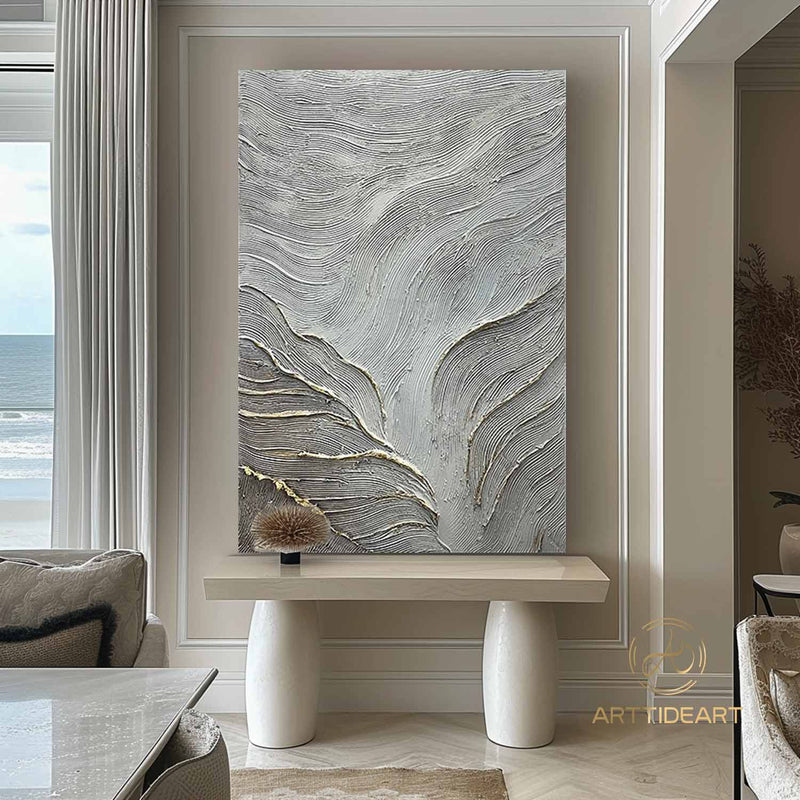 Grey and White Abstract Wall Art Large Grey 3D Texture Painting on Canvas Modern Abstract Painting Gold Texture Wall Art Modern Wall Decor