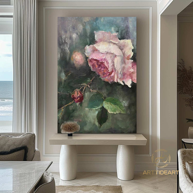 Large Original Rose Flower Oil Painting On Canvas, Abstract Pink Floral Painting, Boho Wall Décor, Custom Painting, Living room Wall Decor