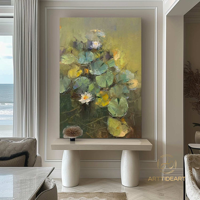 Lotus Flower Paintings On Canvas Large Green oil painting Water Lilies Oil Painting Lotus Oil Painting Wall Decor Gift Texture painting