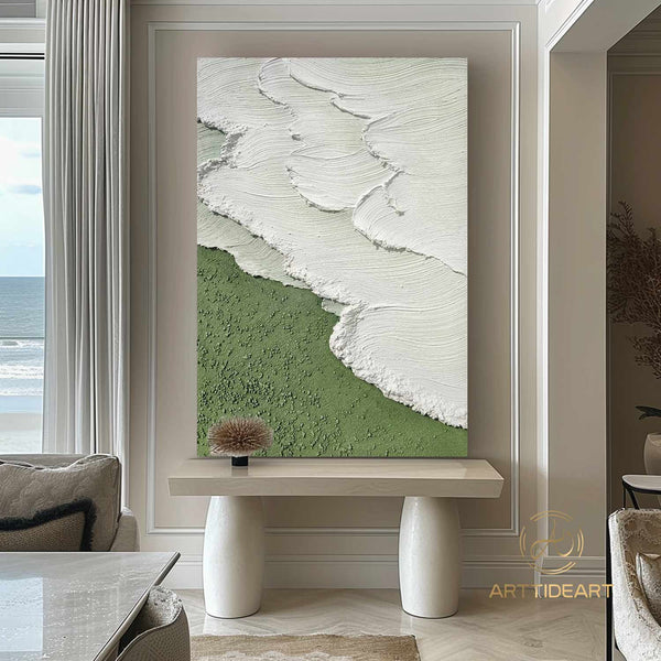 Modern Abstract Wave Paintings Textured Beige Canvas Art Green Beach Wall Art Ocean Wave Art Coastal Seascape Paintings Contemporary Art