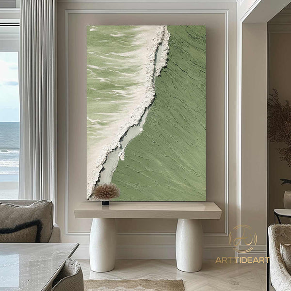 Green 3D Textured Sea Art White Waves Wabi-Sabi Minimalist Canvas Texture Art Beach Painting Mural Ocean Wave Canvas Wabi-Sabi Wall Art