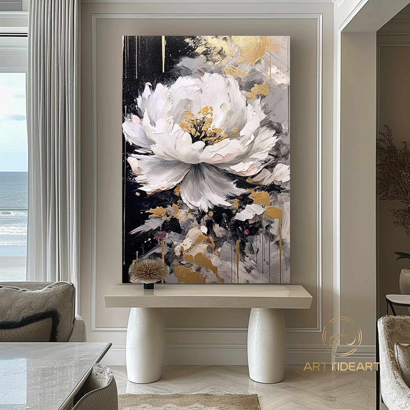 Abstract White Flower Oil Painting on Canvas, Large Wall Art, Original Floral Painting,Minimalist Art,Custom Painting,Living Room Decor Gift