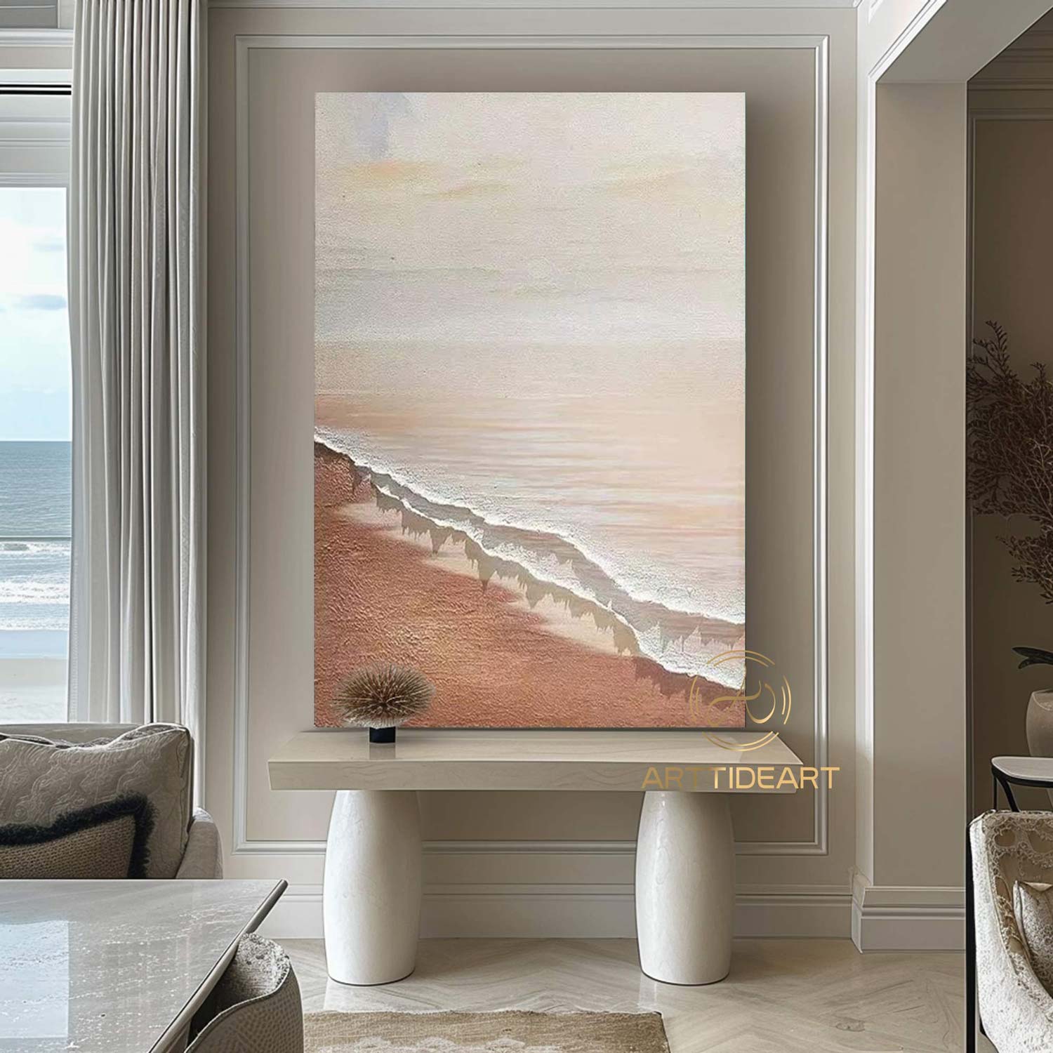 Large 3D Textured Coastal Wall Art Wave Acrylic Painting Framed Brown Beach Wall Art Abstract Sea Wall Art Ocean Canvas Painting Wall Decor