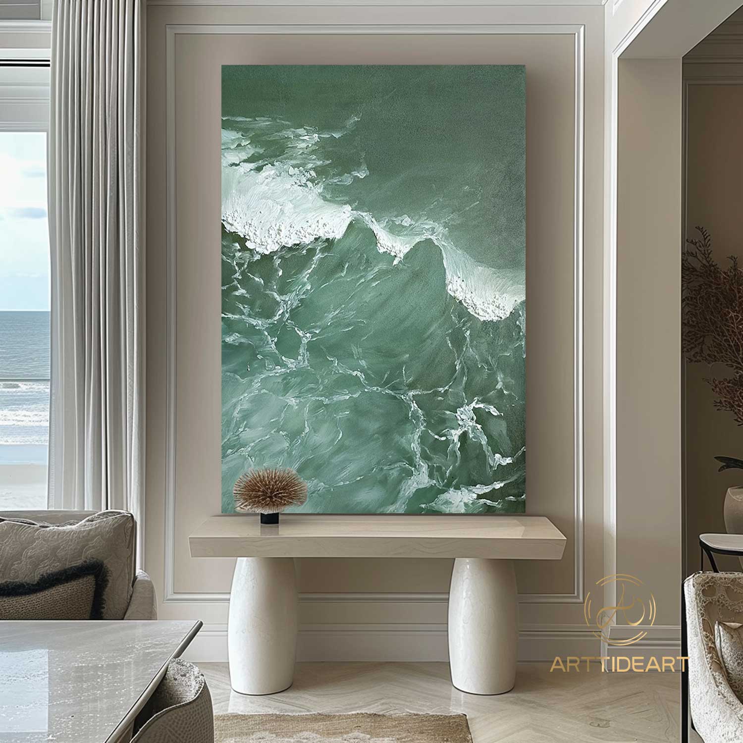 Large Textured Beach Acrylic Painting Framed Emerald Green Canvas Painting Abstract Ocean Wave Art Coastal Wall Art Beach Pastel Room Decor