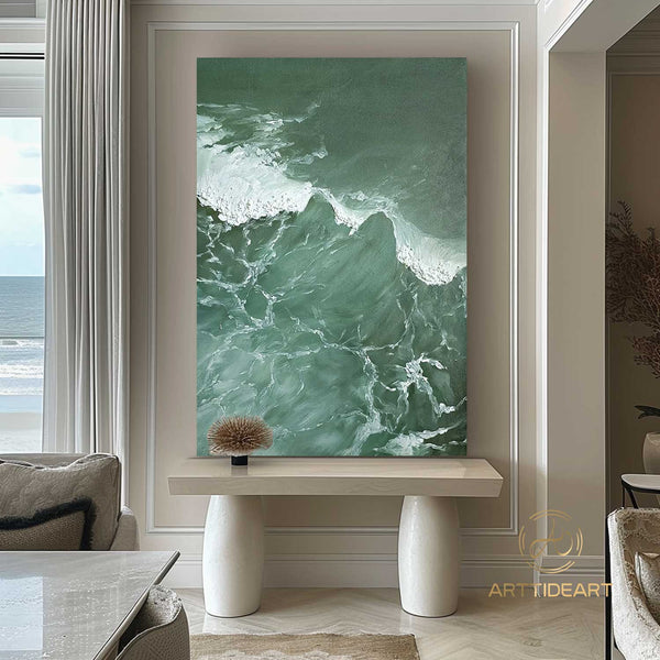 Large Textured Beach Acrylic Painting Framed Emerald Green Canvas Painting Abstract Ocean Wave Art Coastal Wall Art Beach Pastel Room Decor