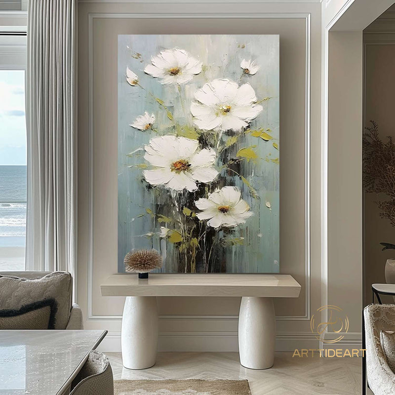 Abstract White Flower Oil Painting on Canvas, Large Wall Art, Original Floral Painting,Minimalist Art,Custom Painting,Living Room Decor Gift