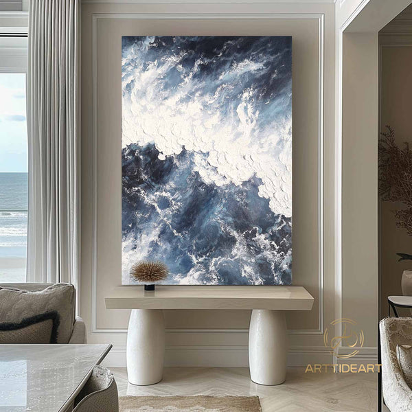 Large abstract ocean painting blue marine landscape painting ocean acrylic painting canvas painting for bedroom abstract wall art white art