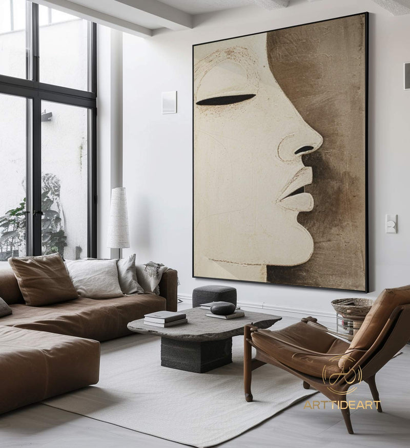 Large Faceless Portrait Painting Abstract Figure Wall Art Beige Brown Texture Painting on Canvas Woman Face Artwork Modern Texture Wall Art