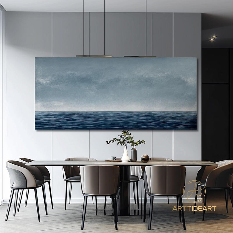 Blue Ocean Wave Landscape Oil Painting on Canvas, Large Abstract Custom Original Sea Beach Acrylic Painting Living Room Wall Art Home Decor