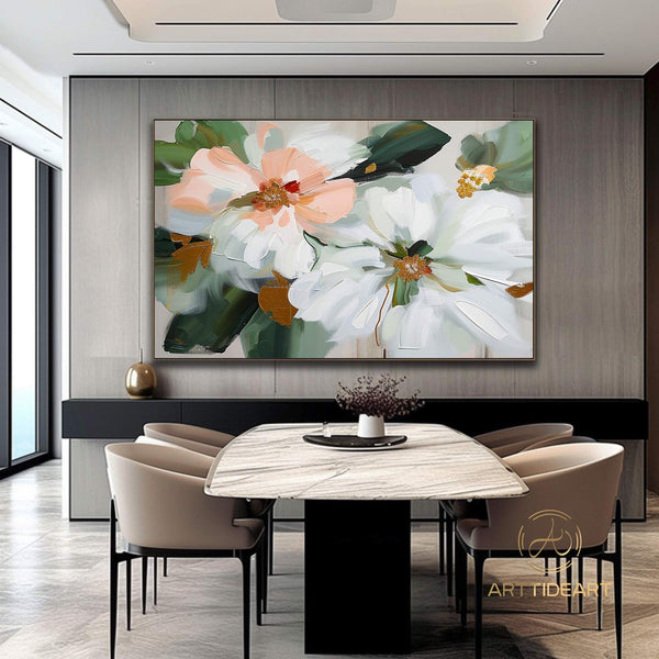 Original Flower Oil Painting On Canvas,Large Wall Art, Abstract White Floral Landscape Painting,Custom Painting, Modern Living Room Decor