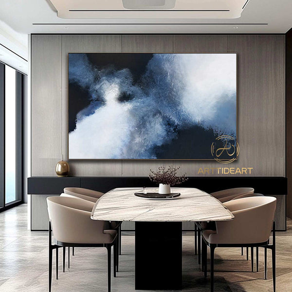 Large Blue Wall Art Blue And Black Abstract Painting Contemporary Minimalist Wall Art Modern Abstract Art Blue and White Canvas Painting