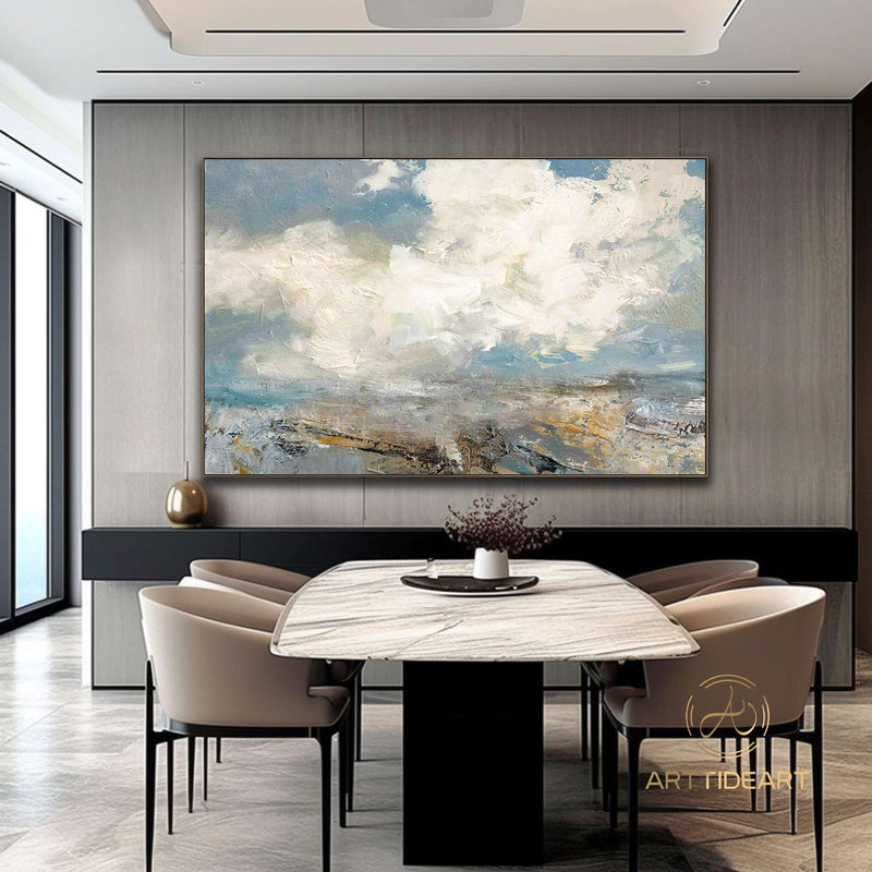 Extra Large Abstract White Cloud Painting,Blue Sky Art Original Seaside Landscape Painting Sky And Sea Art canvas painting for living room