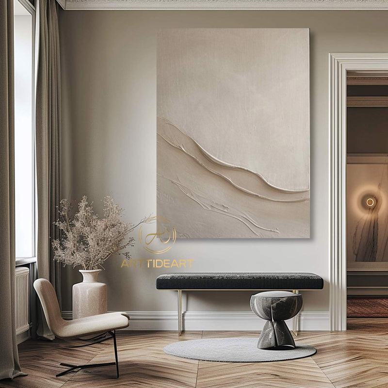 Large Beige Plaster Wall Art Beige Abstract Wave Painting Beige 3D Texture Painting Modern Minimalist Wall Art Neutral Minimalist Painting