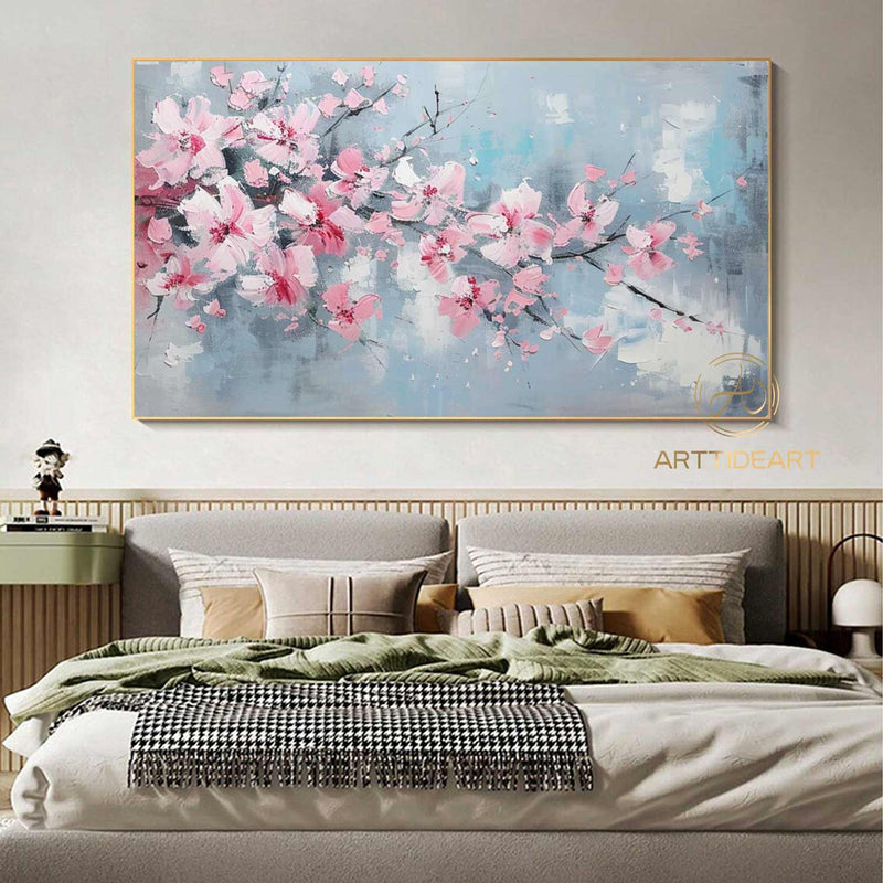 Abstract Cherry Flower Oil Painting on Canvas, Large Wall Art, Original Blossom Floral Art Pink Painting Custom Painting Living Room Decor