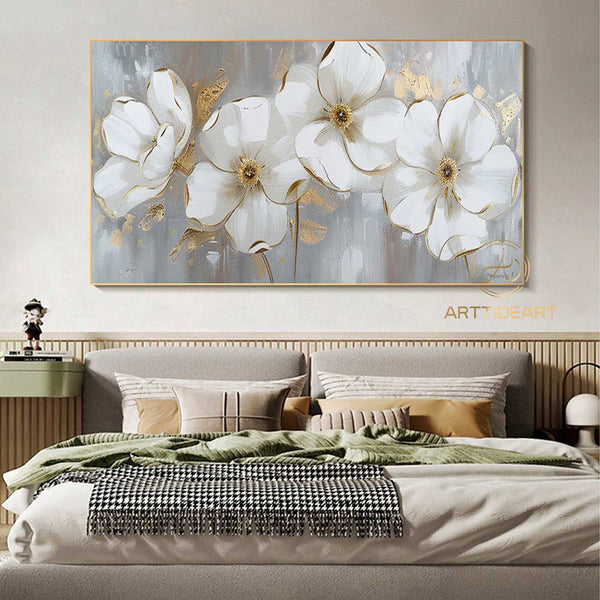 Abstract Blossom Floral Painting on Canvas,Large Original Textured Flower Painting White Flower Acrylic Painting Living Room Wall Art Decor