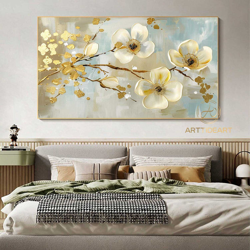 Large Original Flower Oil Painting On Canvas, White Texture Wall Decor, Abstract Floral Painting, Custom Painting, Modern Living Room Decor