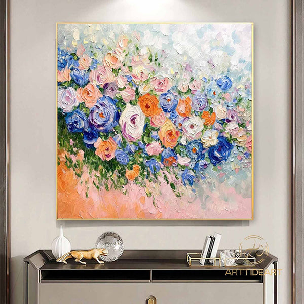 Abstract Flower Oil Painting on Canvas, Large Wall Art, Original Minimalist Pink Floral Art Custom Painting Boho Wall Decor Living Room