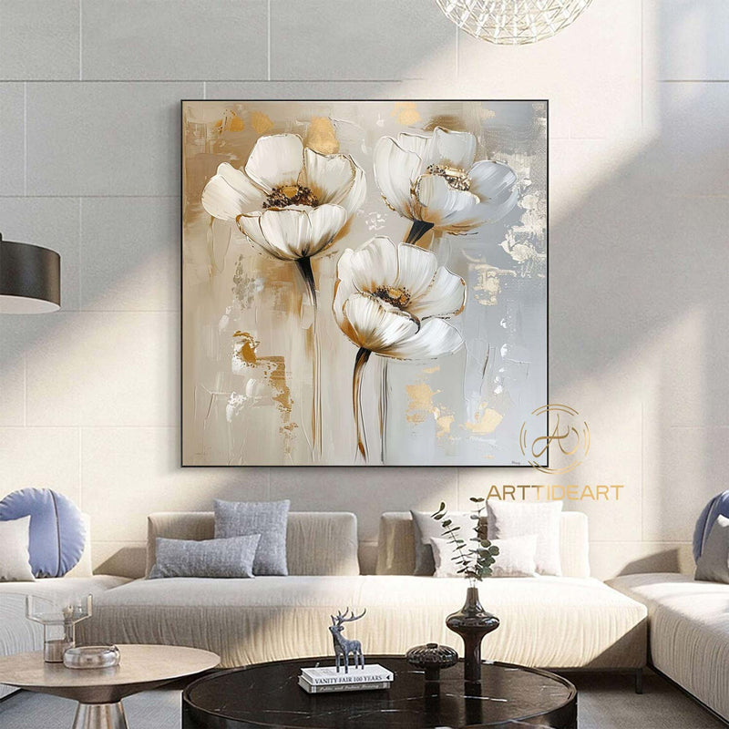 Large Original Flower Oil Painting On Canvas, Gold Wall Decor, Abstract Texture Floral Painting,Custom Painting, Modern Living Room Decor