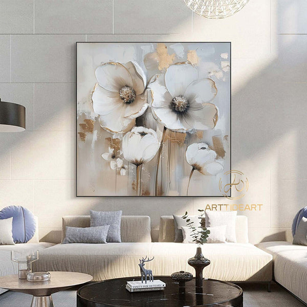 Abstract Blossom Floral Oil Painting on Canvas, Large Original Textured White Grey Poppy Bouquet Acrylic Painting Living Room Wall Art Decor