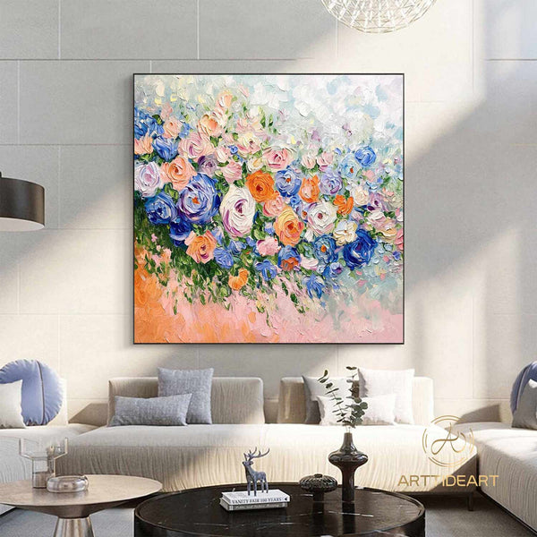 Abstract Flower Oil Painting on Canvas, Large Wall Art, Original Minimalist Pink Floral Art Custom Painting Boho Wall Decor Living Room