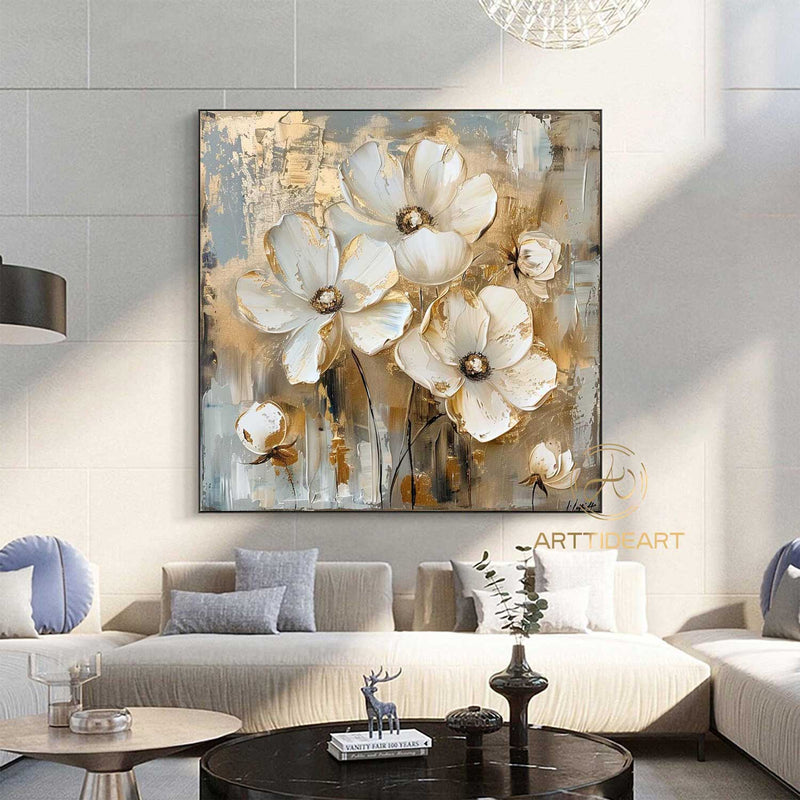 Large Original Gold Flower Oil Painting On Canvas, Canvas Wall Art, Abstract White Floral Painting,Custom Painting, Modern Living Room Decor