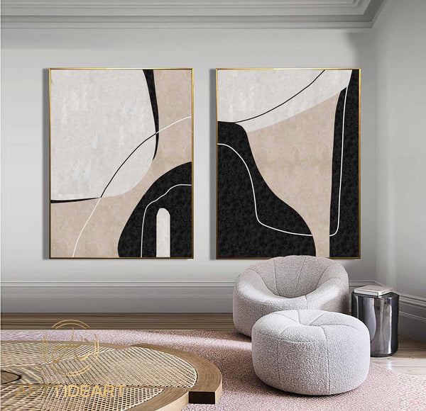 Set of 2 minimalist Abstract Painting Large Abstract Painting Set Of 2 Black Abstract Painting Black And White Wall Art Black And Beige art