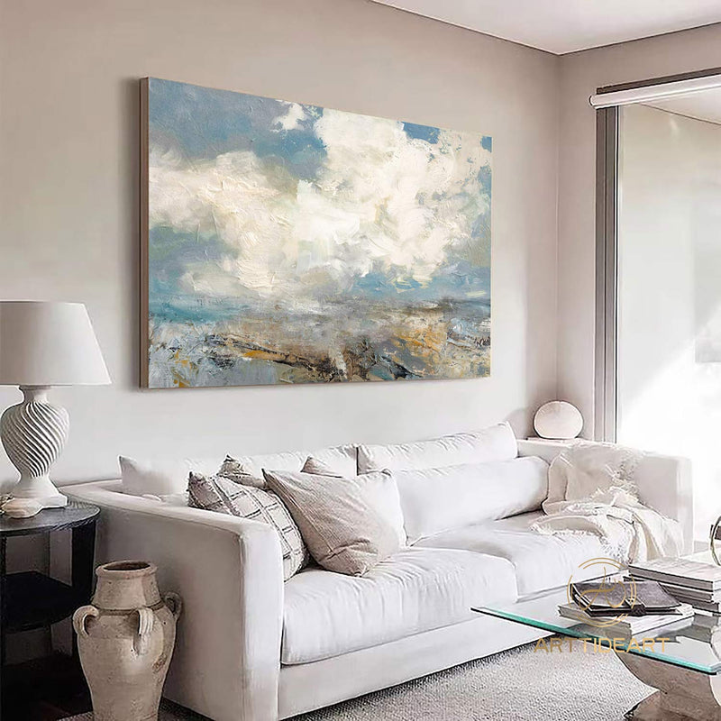 Extra Large Abstract White Cloud Painting,Blue Sky Art Original Seaside Landscape Painting Sky And Sea Art canvas painting for living room