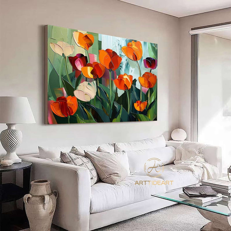 Colorful Floral Canvas Art, Vibrant Flower Painting on Canvas, Textured Acrylic Painting, Impasto Cheerful Floral Art, Living Room Wall Art