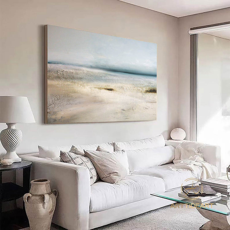 Original Golden Beach Painting,Large Sky And Sea Painting,Light Blue Seaside Oil Painting,Large Coastal Painting,Beach Abstract Oil Painting