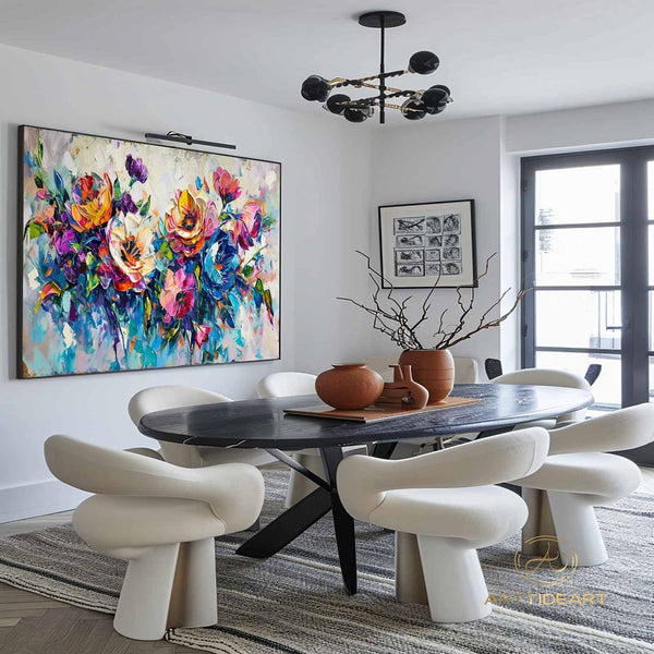 Large Original Colorful flower Canvas Oil Painting,Heavy Textured Palette Knife Wall Decor Impasto Acrylic Floral Painting Living Room Decor