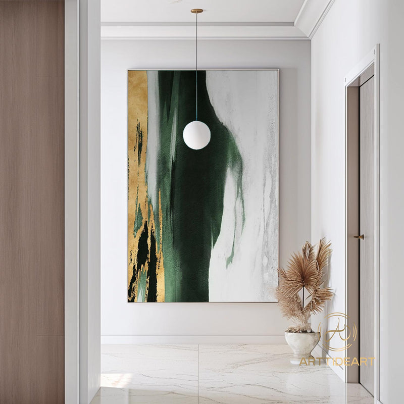 Original Acrylic Abstract Painting Green Gold White Neutral Abstract Canvas Art Gold Leaf Abstract Painting Extra Large Abstract Painting