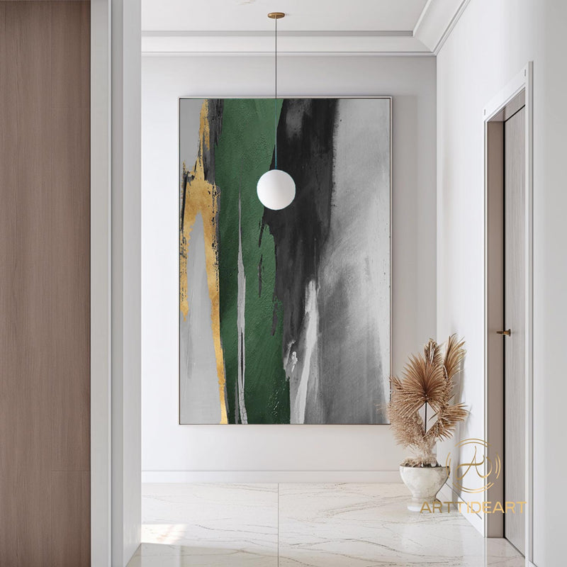 Large Acrylic Abstract Painting Original Green And Gold Canvas Art Gold Leaf Artwork Extra Large Modern Abstract Paintings For Living Room