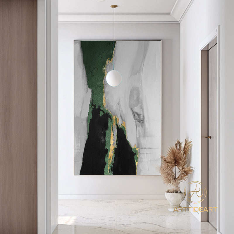 Large Original Abstract Painting Grey Green Gold Leaf Painting Minimalist Abstract Painting Extra Large Wall Canvas Painting For Living Room