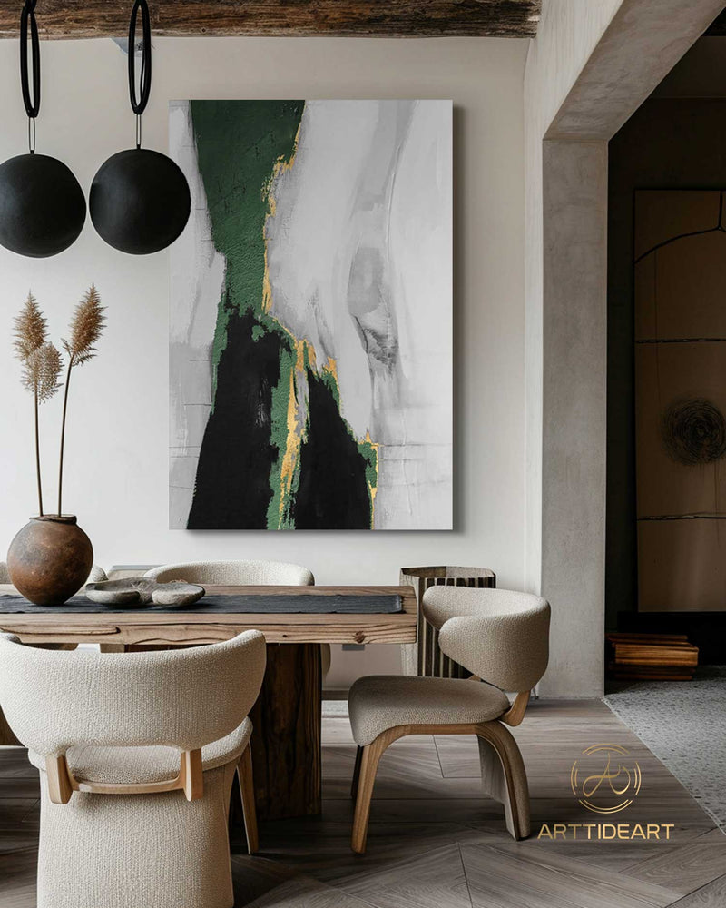 Large Original Abstract Painting Grey Green Gold Leaf Painting Minimalist Abstract Painting Extra Large Wall Canvas Painting For Living Room