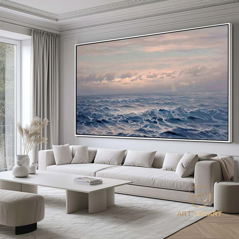 Sea Canvas Oil Painting, Holiday Seascape Texture Art, Blue Sky Cloud Mural Ocean Living Room Decor Painting sunset painting Custom Painting