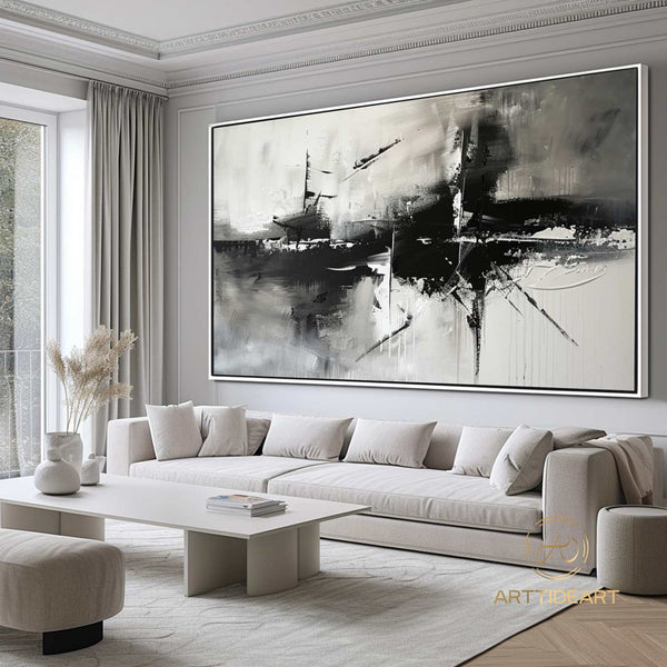 Large original abstract painting minimalist abstract painting black and white painting black white wall art black white wall canvas painting