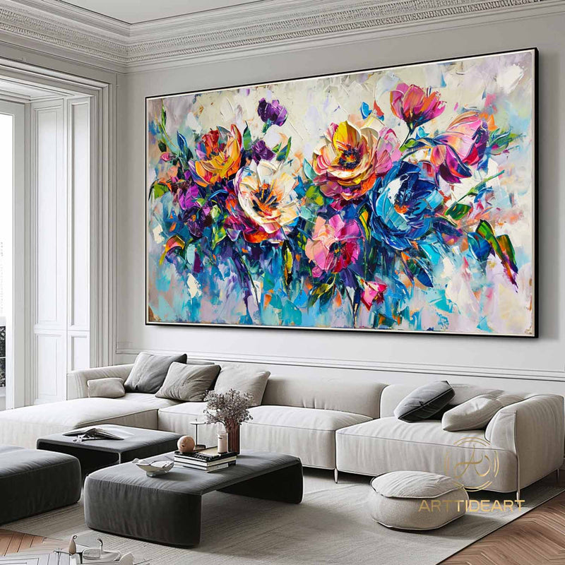 Large Original Colorful flower Canvas Oil Painting,Heavy Textured Palette Knife Wall Decor Impasto Acrylic Floral Painting Living Room Decor