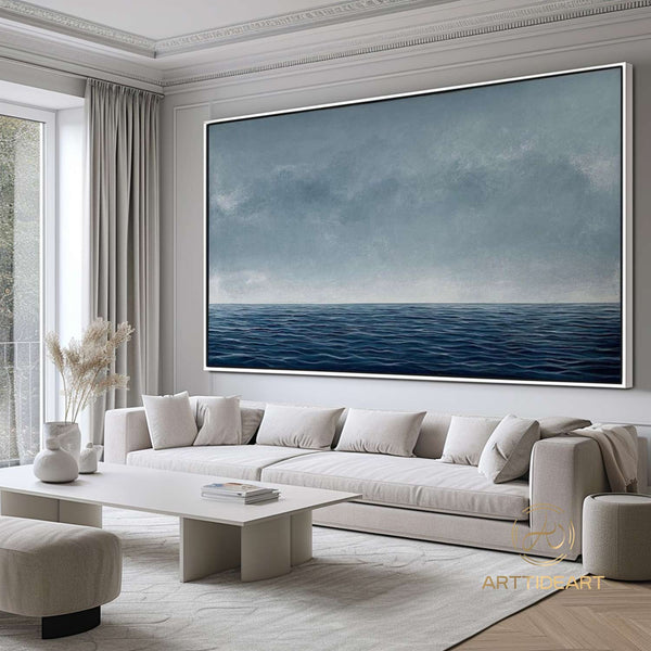 Blue Ocean Wave Landscape Oil Painting on Canvas, Large Abstract Custom Original Sea Beach Acrylic Painting Living Room Wall Art Home Decor