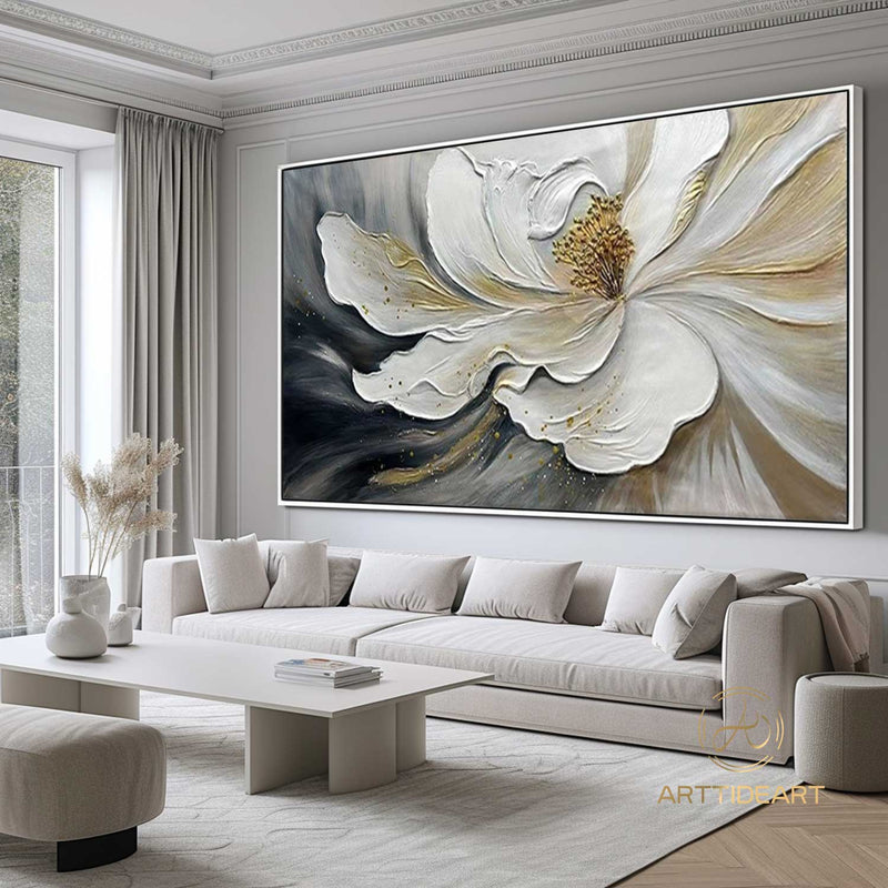 Large Abstract White Flower Oil Painting On Canvas,3D Flower Painting,Abstract Textured Floral，Palette Knife Modern Living Room Home Decor