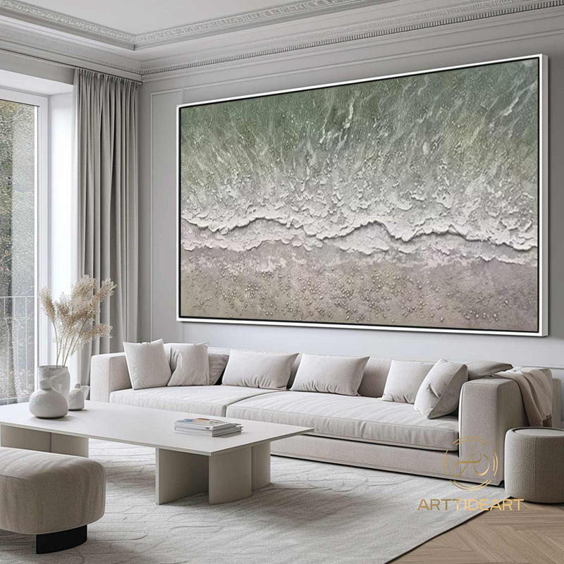 Large 3D Textured Coastal Wall Art Framed Green Beach Painting Ocean Acrylic Painting Abstract Sea Wall Art Beach Canvas Painting Wall Decor