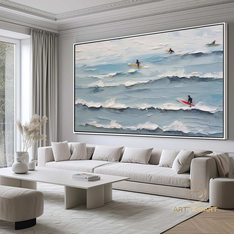 Oversized Beach Landscape Painting On Canvas Original Summer Seaside Painting White Wave Beach Painting Large Blue Ocean Wall Art Home Decor