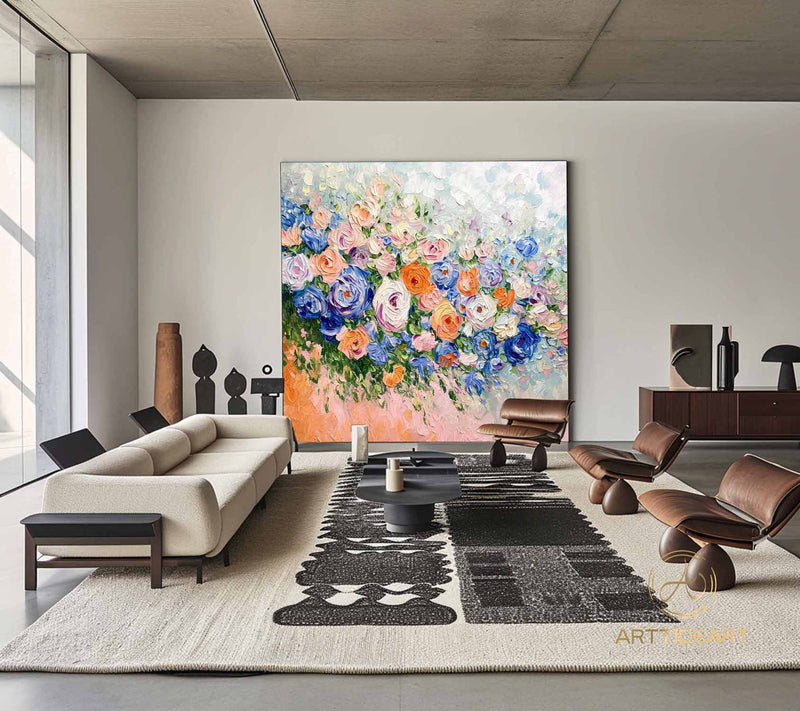 Abstract Flower Oil Painting on Canvas, Large Wall Art, Original Minimalist Pink Floral Art Custom Painting Boho Wall Decor Living Room