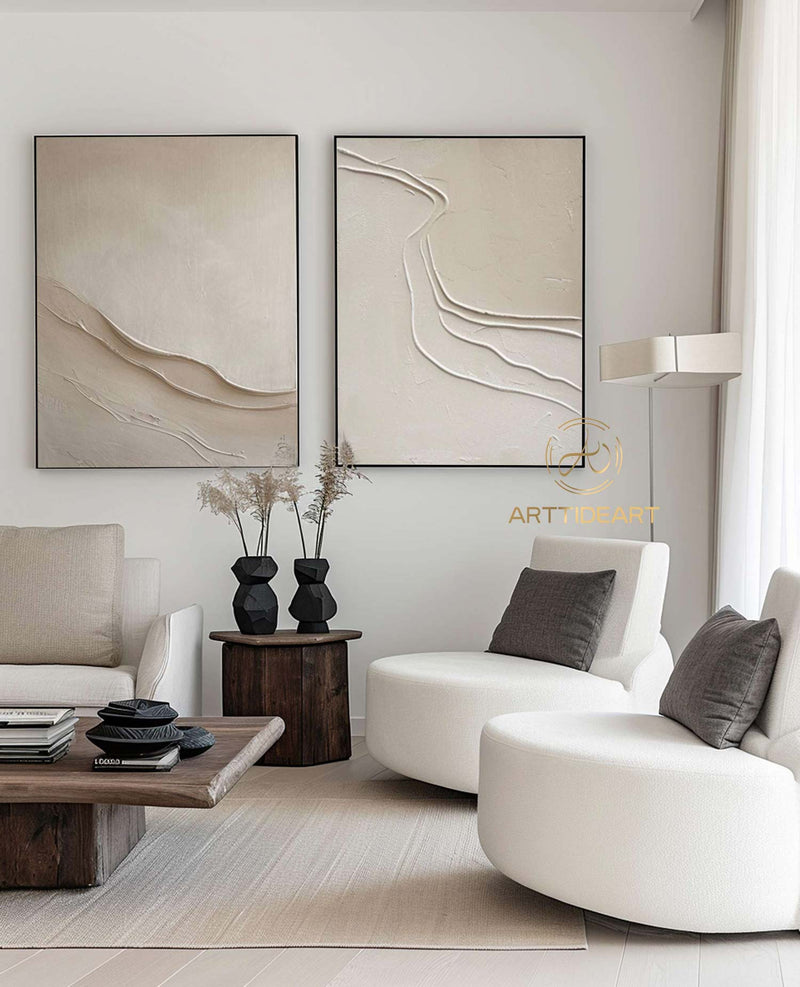 Set of 2 large pure beige white wall art 2 piece beige painting on canvas 3d textured wall art beige canvas art 2 set beige minimal art