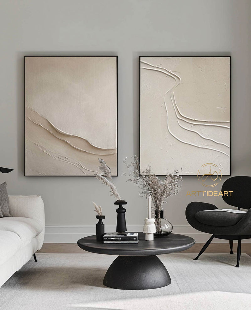 Set of 2 large pure beige white wall art 2 piece beige painting on canvas 3d textured wall art beige canvas art 2 set beige minimal art