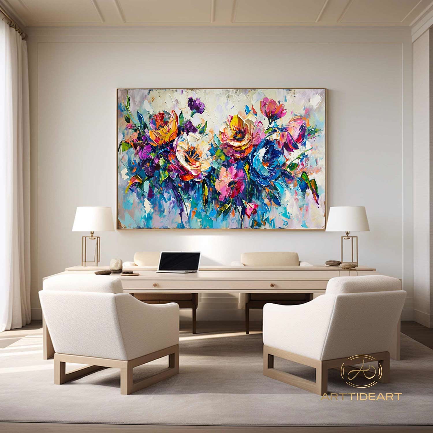 Large Original Colorful flower Canvas Oil Painting,Heavy Textured Palette Knife Wall Decor Impasto Acrylic Floral Painting Living Room Decor