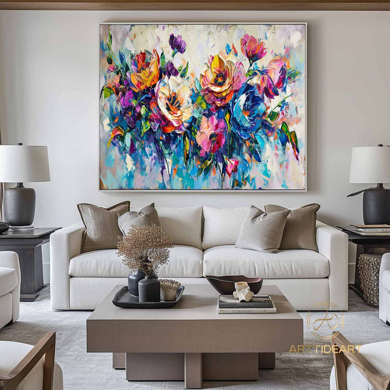 Large Original Colorful flower Canvas Oil Painting,Heavy Textured Palette Knife Wall Decor Impasto Acrylic Floral Painting Living Room Decor