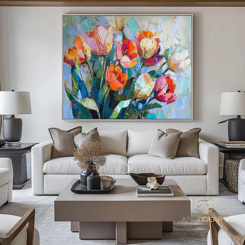 Original Flower Oil Painting on Canvas, Extra Large Wall Art Abstract Floral Art Custom Painting Minimalist Living Room Decor Gift Tulip art