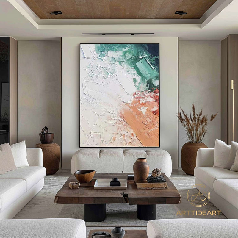 Large orange wall painting white wall art green painting beige painting blush painting 3D textured abstract art colorful painting