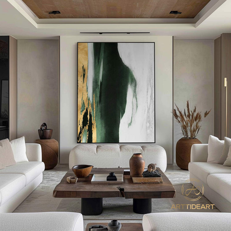 Original Acrylic Abstract Painting Green Gold White Neutral Abstract Canvas Art Gold Leaf Abstract Painting Extra Large Abstract Painting